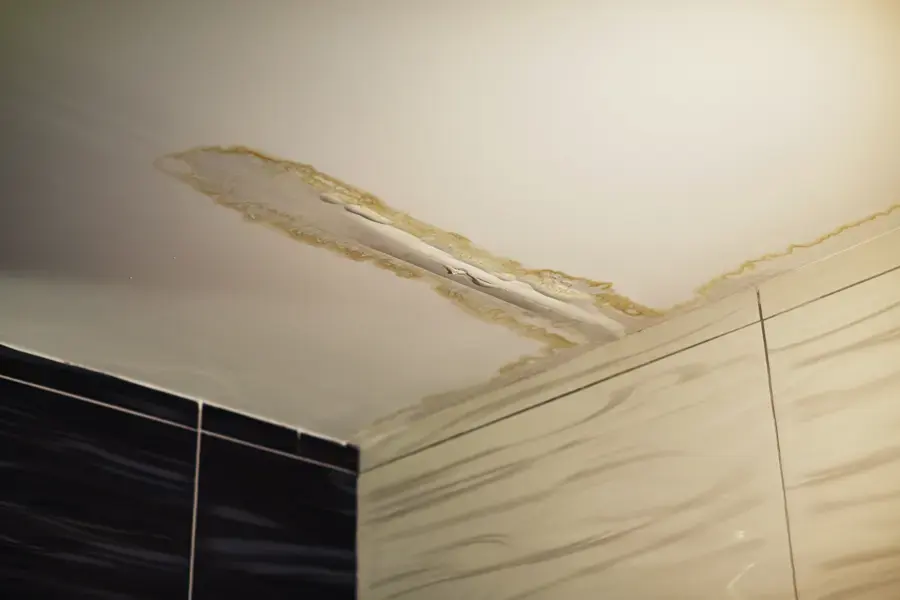 Water-stained ceiling drywall with peeling paint where a leak came through from the floor above
