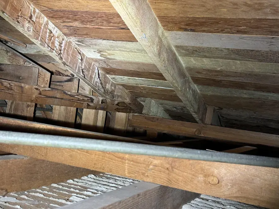 Water-stained roof decking and rafters inside an attic after a roof leak