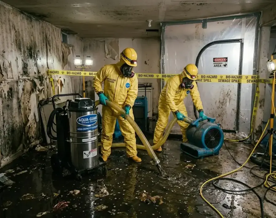 Cleanup crew in protective suits and respirators extracting sewage water from a contaminated lower level
